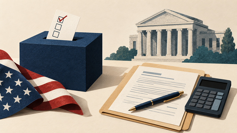Ballot box beside loan paperwork, a calculator, and an illustrated bank